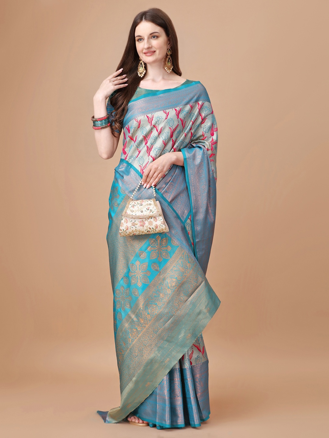 

JUST FASHION Floral Woven Design Zari Kanjeevaram Saree, Turquoise blue