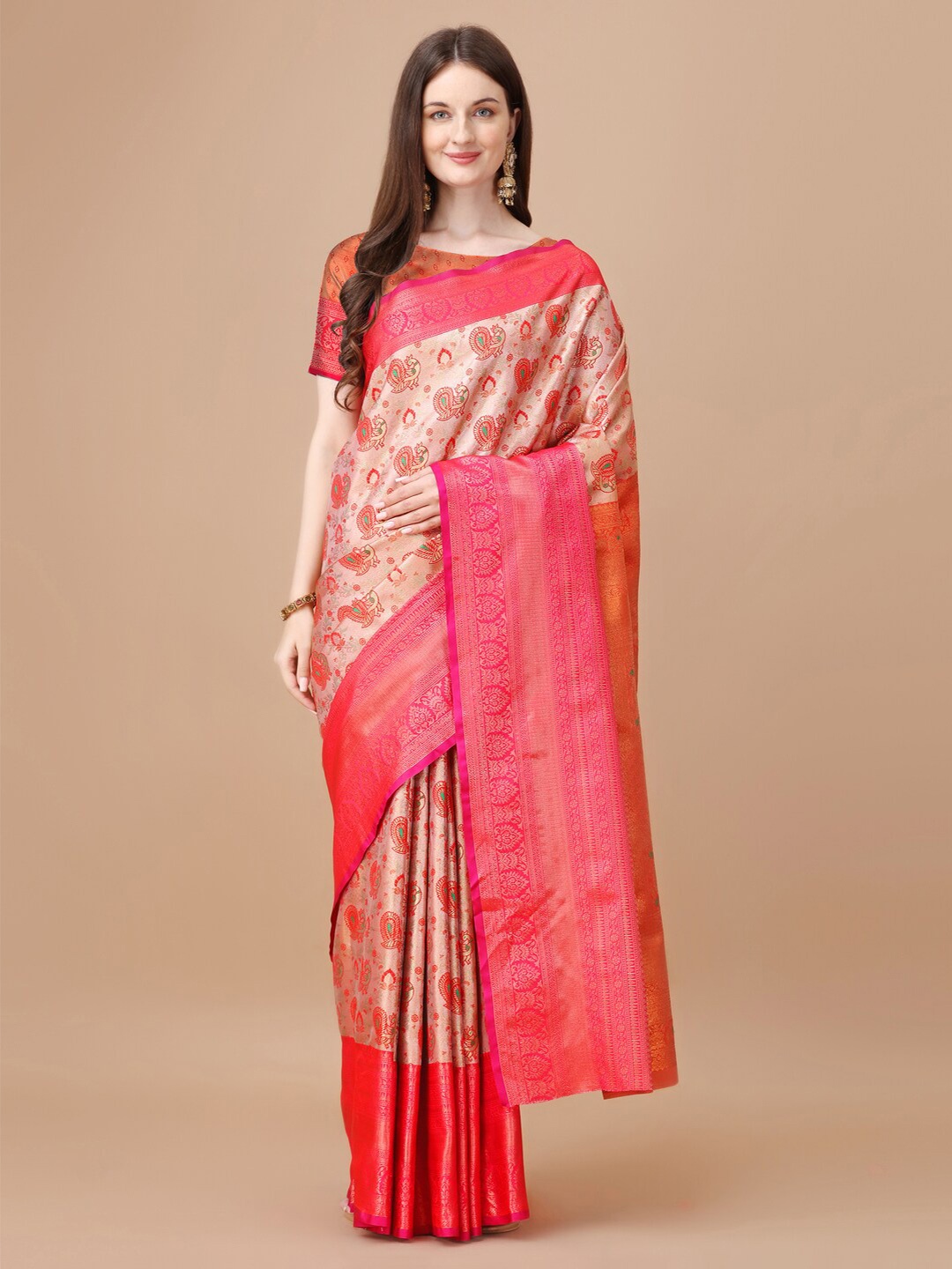 

JUST FASHION Ethnic Motifs Woven Design Zari Kanjeevaram Saree, Red