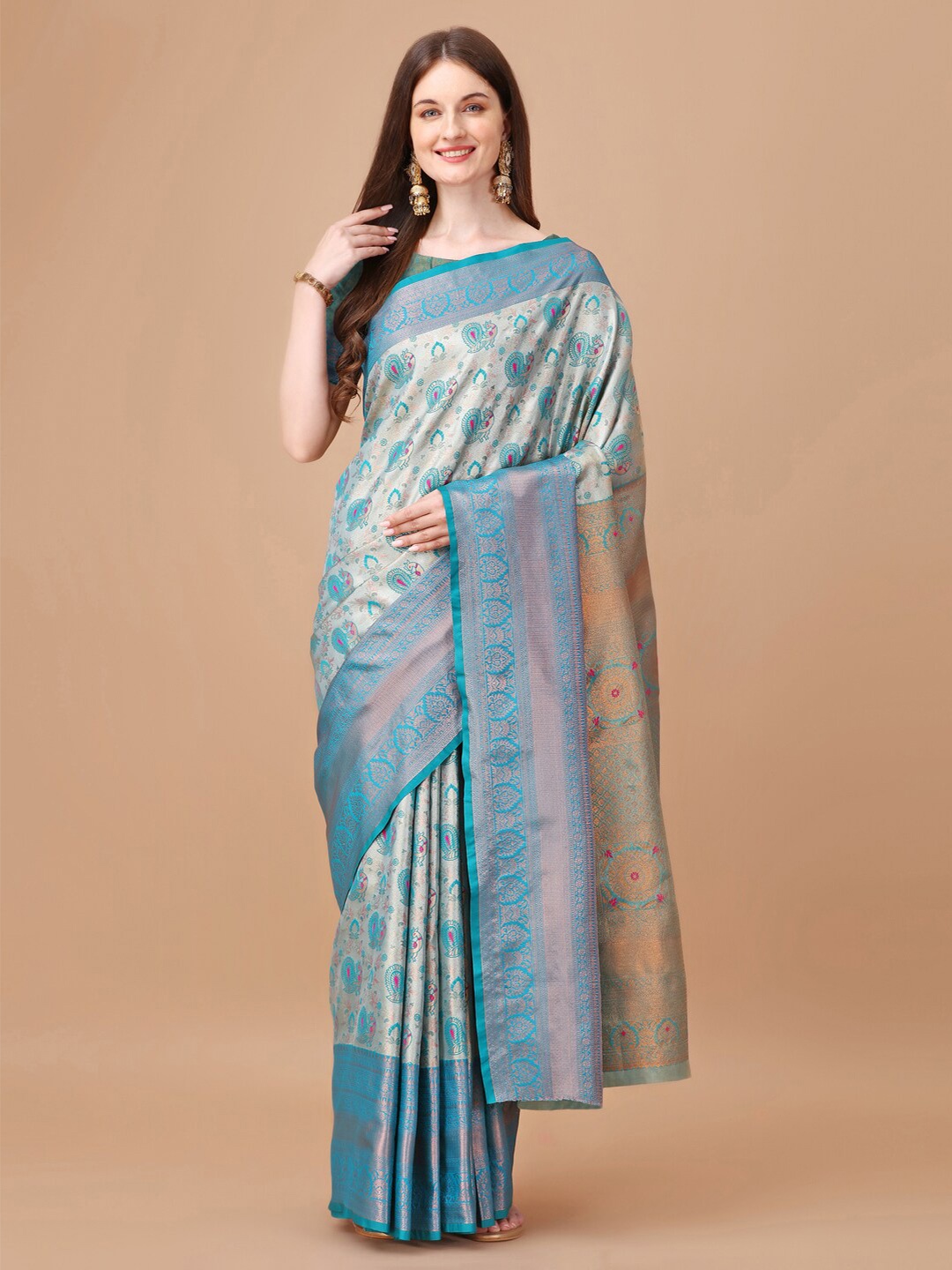 

JUST FASHION Ethnic Motifs Woven Design Zari Kanjeevaram Saree, Turquoise blue