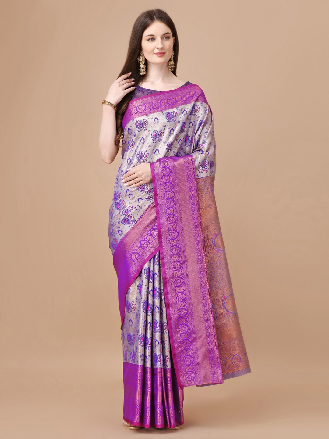 

JUST FASHION Ethnic Motifs Woven Design Zari Kanjeevaram Saree, Purple