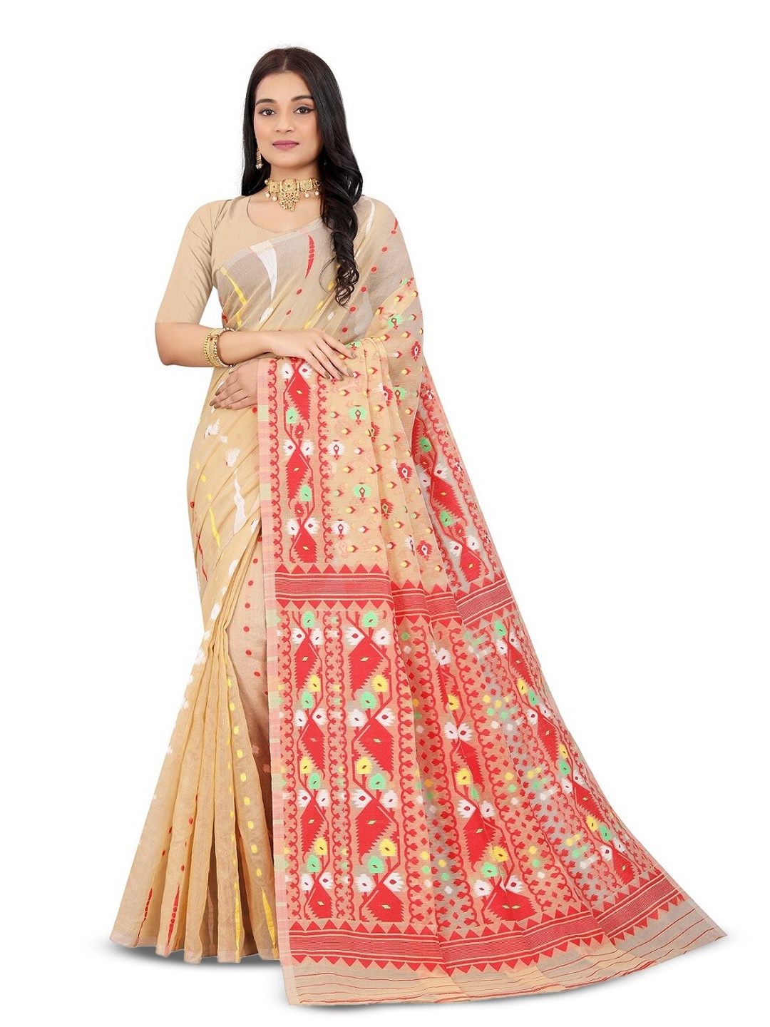 

RadadiyaTRD Ethnic Motifs Woven Design Silk Cotton Jamdani Saree, Beige