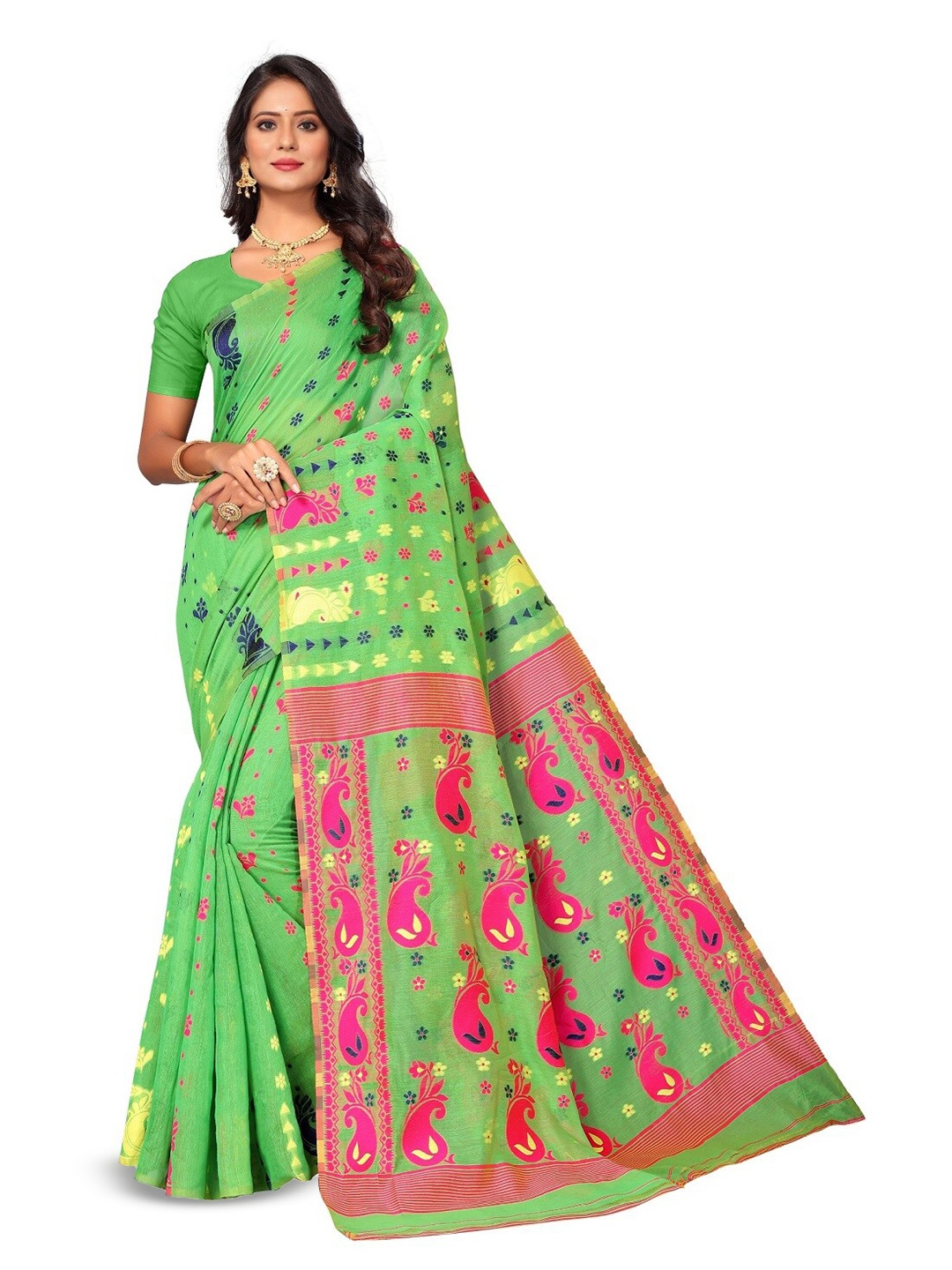 

RadadiyaTRD Floral Woven Design Silk Cotton Jamdani Saree, Sea green