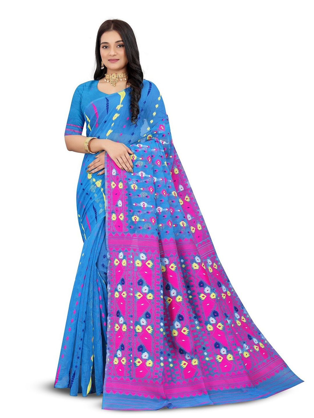 

RadadiyaTRD Ethnic Motifs Woven Design Silk Cotton Jamdani Saree, Blue