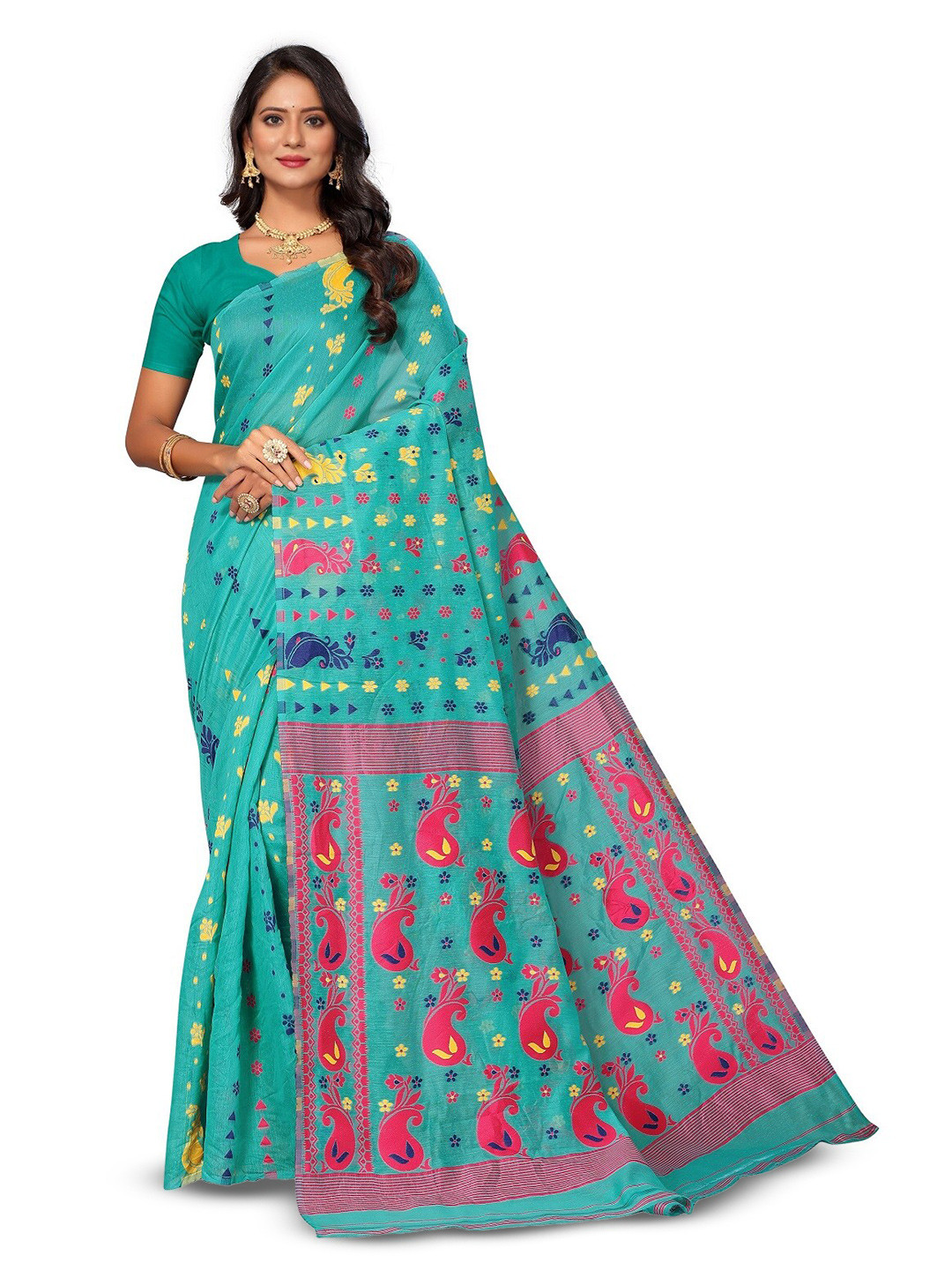 

RadadiyaTRD Paisley Woven Design Silk Cotton Jamdani Saree, Turquoise blue