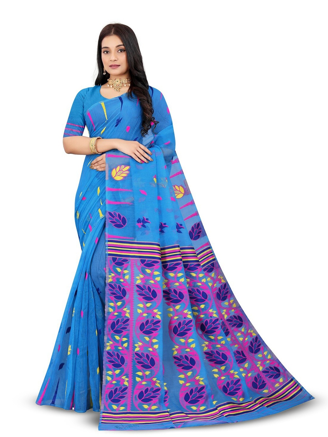 

RadadiyaTRD Floral Woven Design Silk Cotton Jamdani Saree, Blue