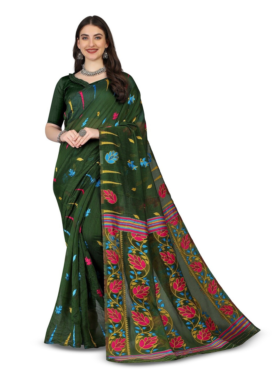 

RadadiyaTRD Floral Woven Design Silk Cotton Jamdani Saree, Green