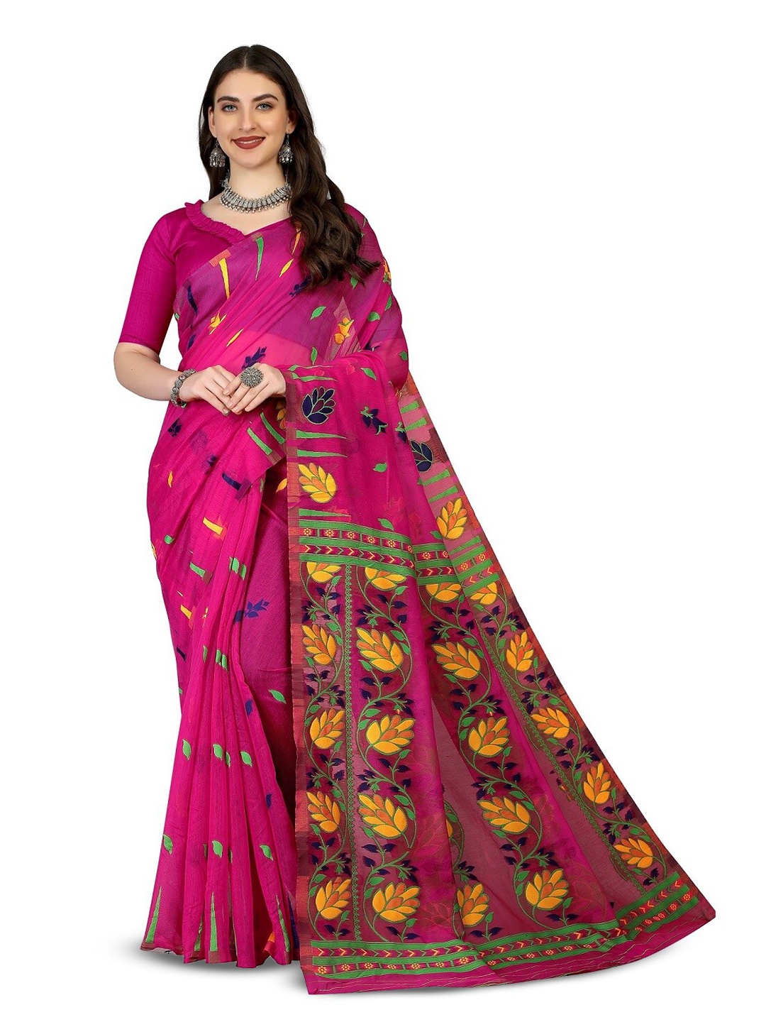 

RadadiyaTRD Floral Woven Design Silk Cotton Jamdani Saree, Pink