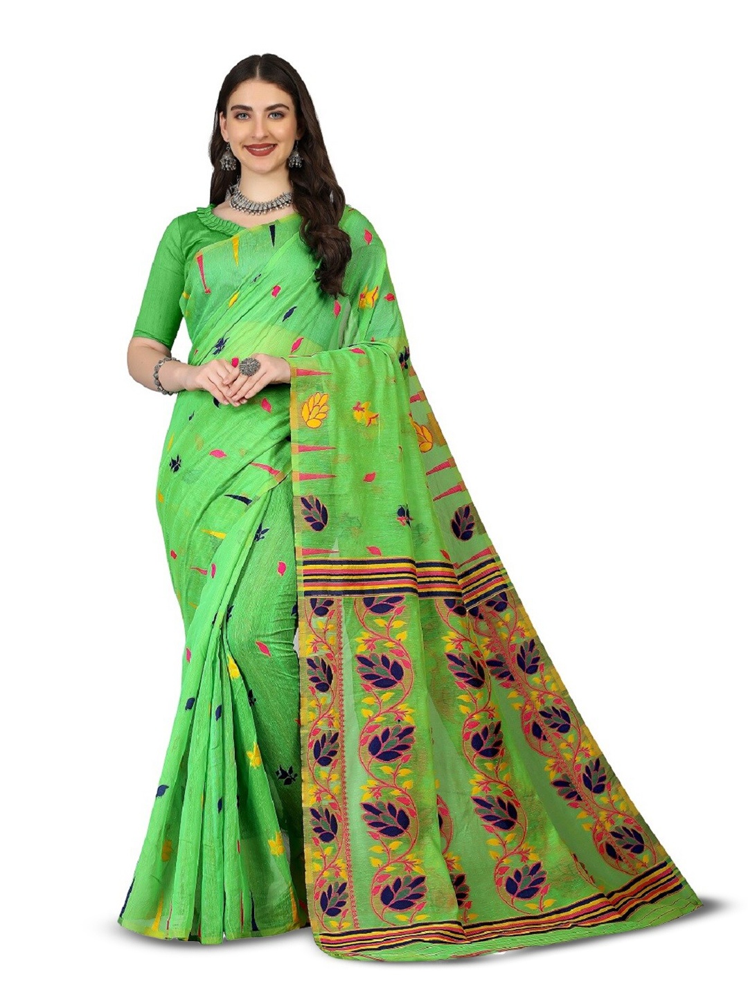 

RadadiyaTRD Floral Woven Design Silk Cotton Jamdani Saree, Sea green