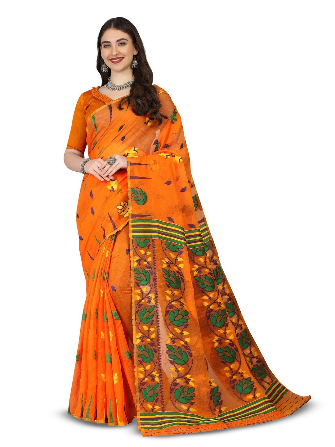 

RadadiyaTRD Floral Woven Design Silk Cotton Jamdani Saree, Orange