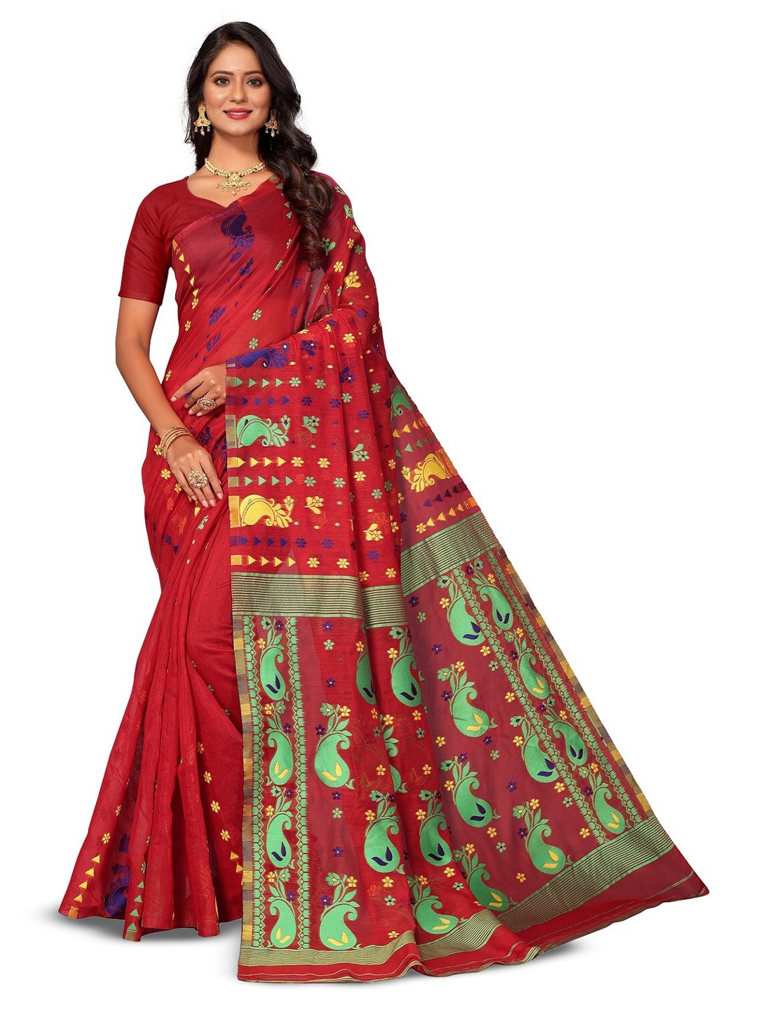 

RadadiyaTRD Paisley Woven Design Silk Cotton Jamdani Saree, Red