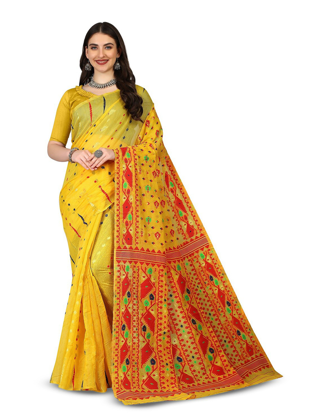 

RadadiyaTRD Ethnic Motifs Woven Design Silk Cotton Jamdani Saree, Yellow