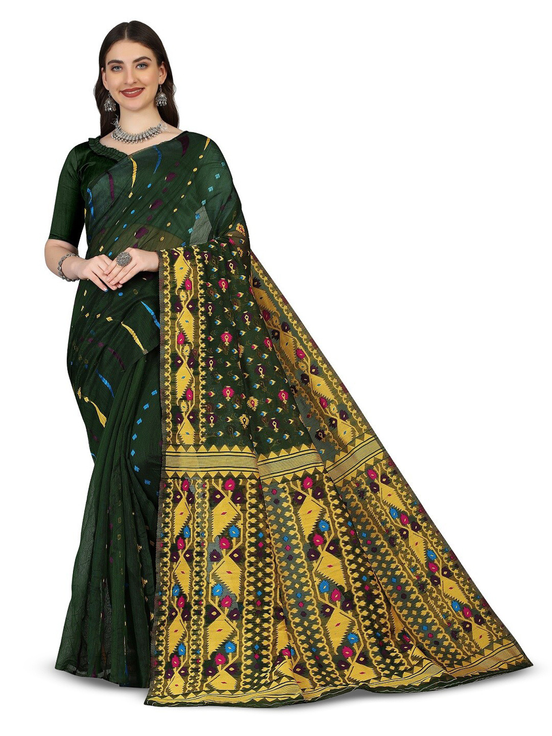 

RadadiyaTRD Ethnic Motifs Woven Design Silk Cotton Jamdani Saree, Green