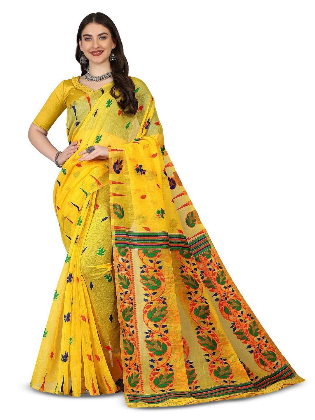 

RadadiyaTRD Floral Woven Design Silk Cotton Jamdani Saree, Yellow