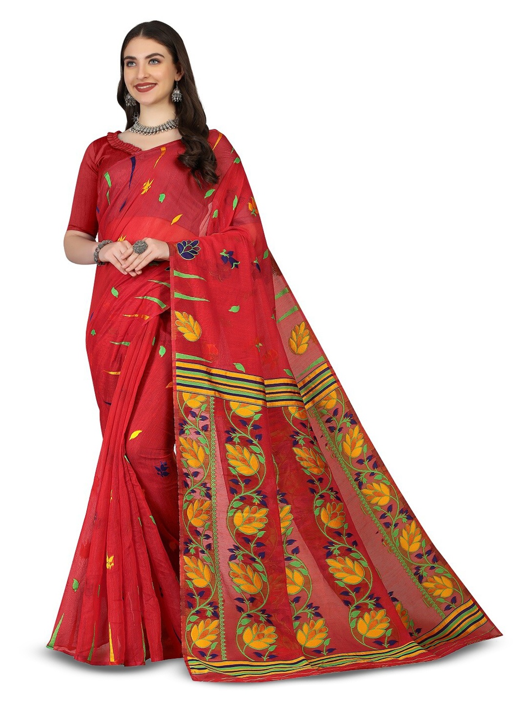 

RadadiyaTRD Floral Woven Design Silk Cotton Jamdani Saree, Red