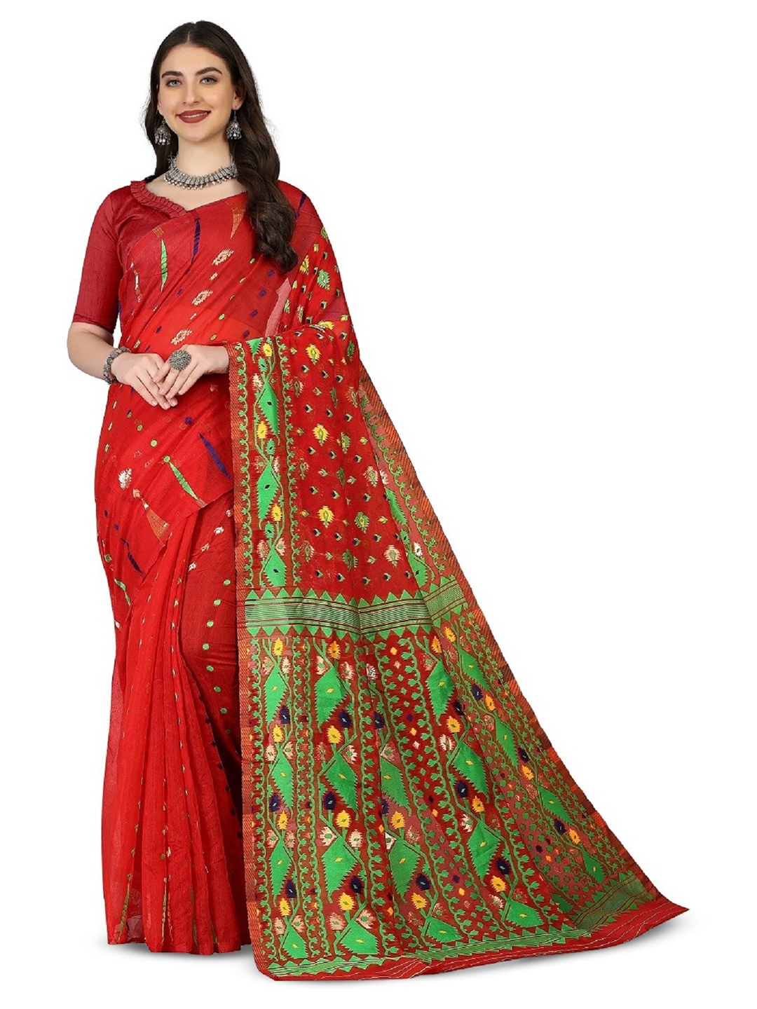 

RadadiyaTRD Ethnic Motifs Silk Cotton Jamdani Saree, Red