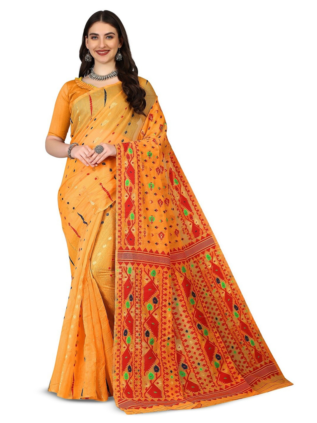 

RadadiyaTRD Ethnic Motifs Silk Cotton Jamdani Saree, Orange