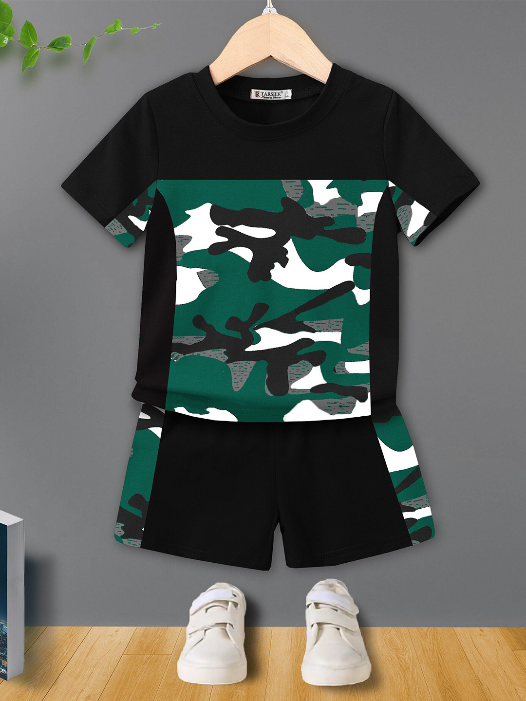 

BAESD Kids Printed Pure Cotton T-shirt with Shorts, Black