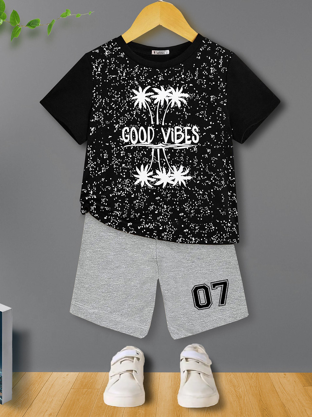 

BAESD Kids Printed Pure Cotton T-shirt with Shorts, Black