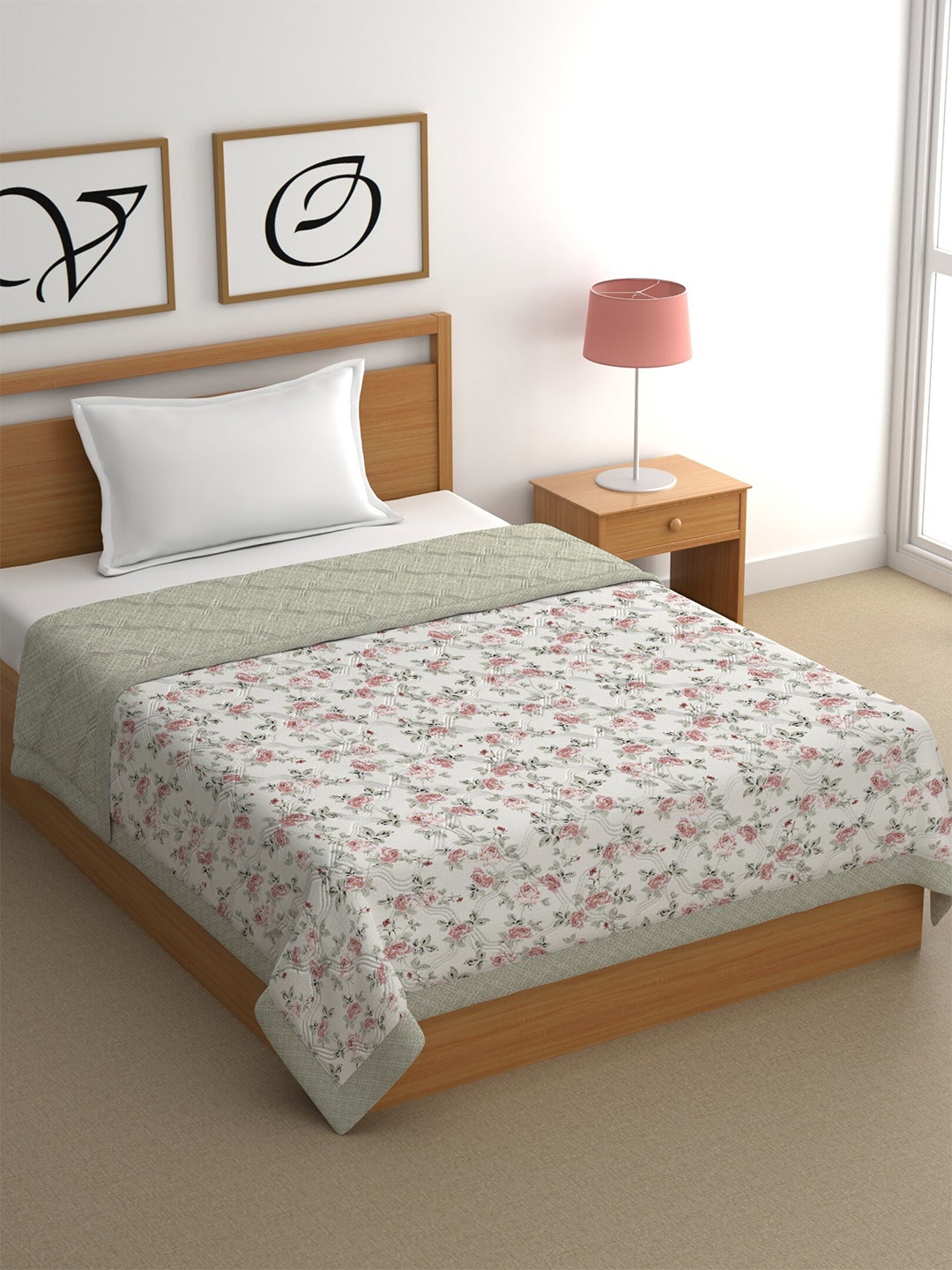 

CHHAVI INDIA Grey & White Floral Cotton Mild Winter 350 GSM Single Bed Comforter
