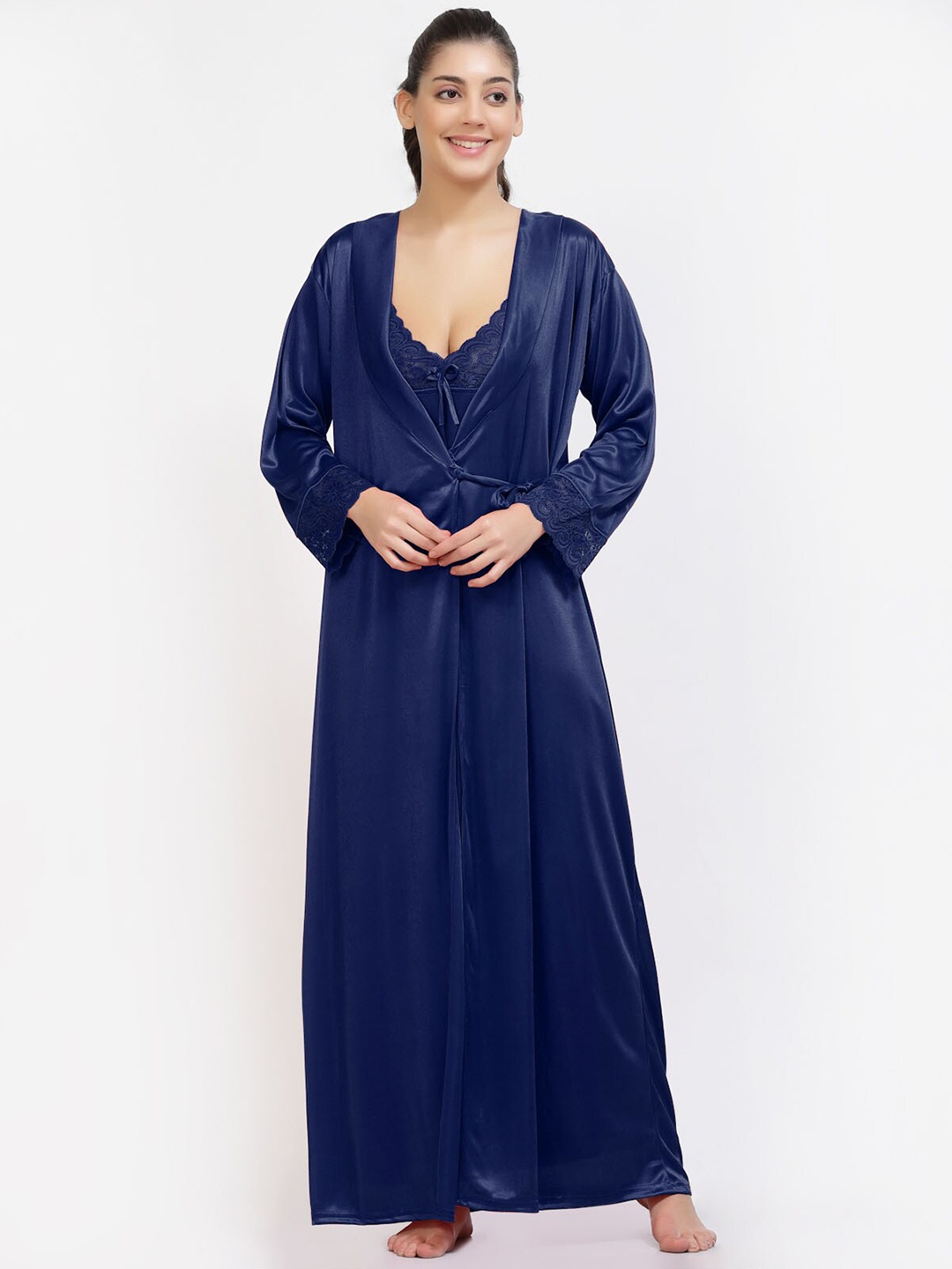 

NIGHT KEYS Pack of 2 Satin Maxi Nightdress with Robe, Navy blue