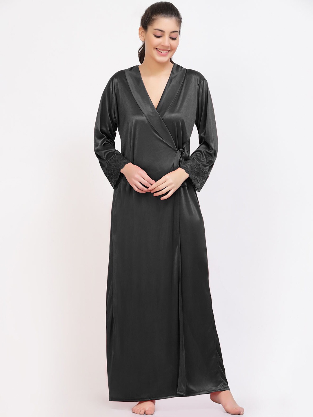 

NIGHT KEYS 4 Pieces Satin Maxi Nightdress With Robe & Lingerie Set, Black