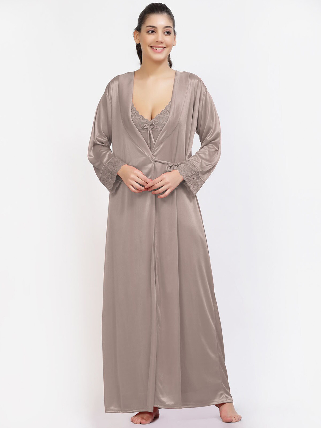 

NIGHT KEYS 2 Pieces Satin Maxi Nightdress With Robe, Grey