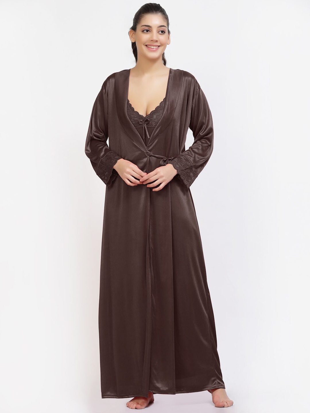 

NIGHT KEYS 2 Pieces Satin Maxi Nightdress With Robe, Brown