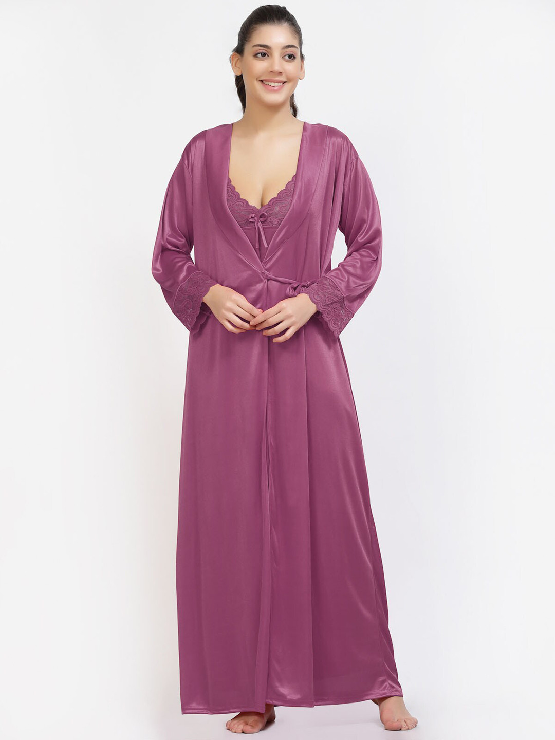 

NIGHT KEYS 4 Pieces Satin Maxi Nightdress With Robe & Lingerie Set, Burgundy