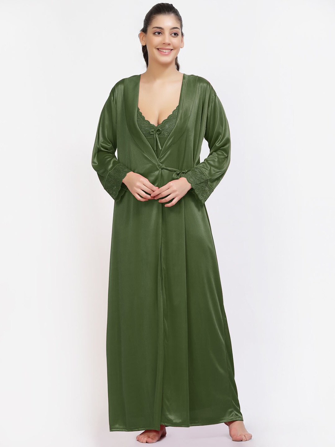 

NIGHT KEYS Satin Maxi Nightdress with Robe & Lingerie Set, Green