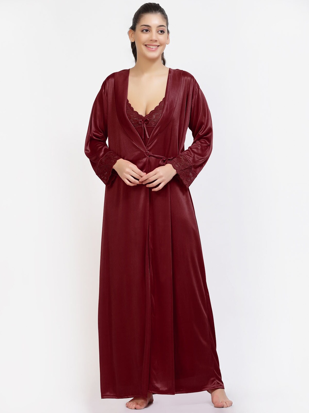 

NIGHT KEYS 4 Pieces Satin Maxi Nightdress With Robe & Lingerie Set, Maroon