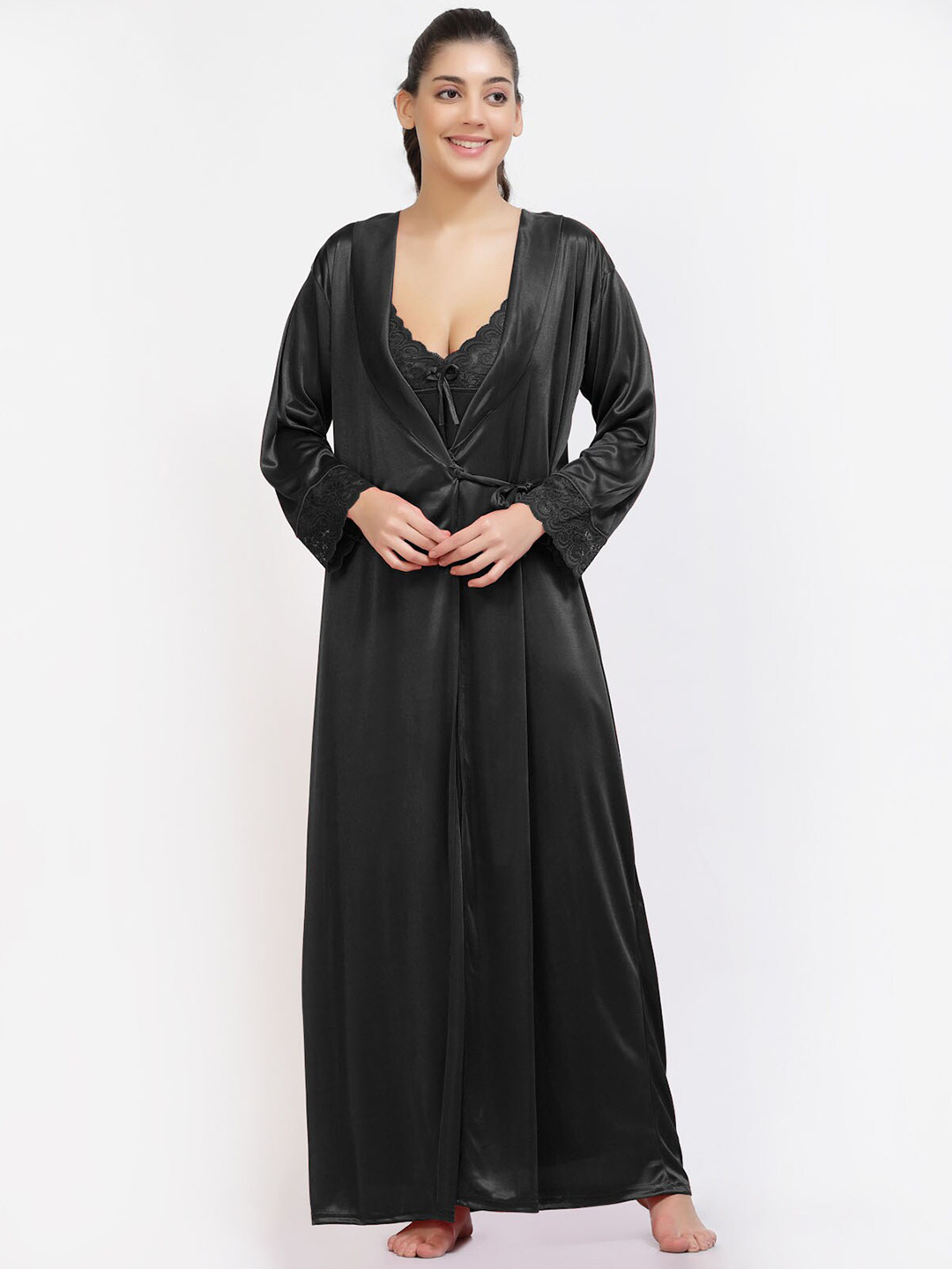 

NIGHT KEYS 2 Pieces Satin Maxi Nightdress With Robe, Black