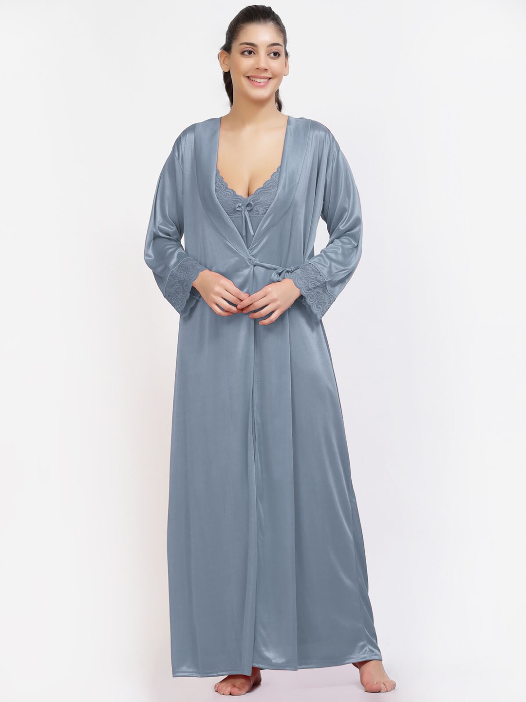 

NIGHT KEYS Pack of 4 Satin Maxi Nightdress with Robe, Grey