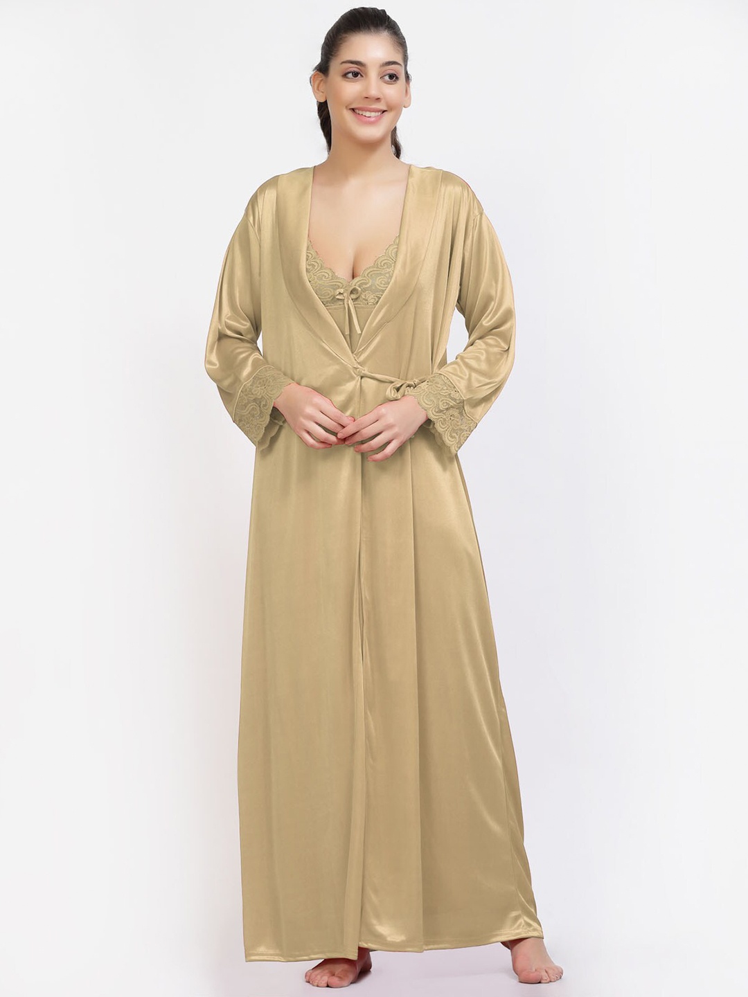 

NIGHT KEYS Pack of 4 Satin Maxi Nightdress with Robe, Gold