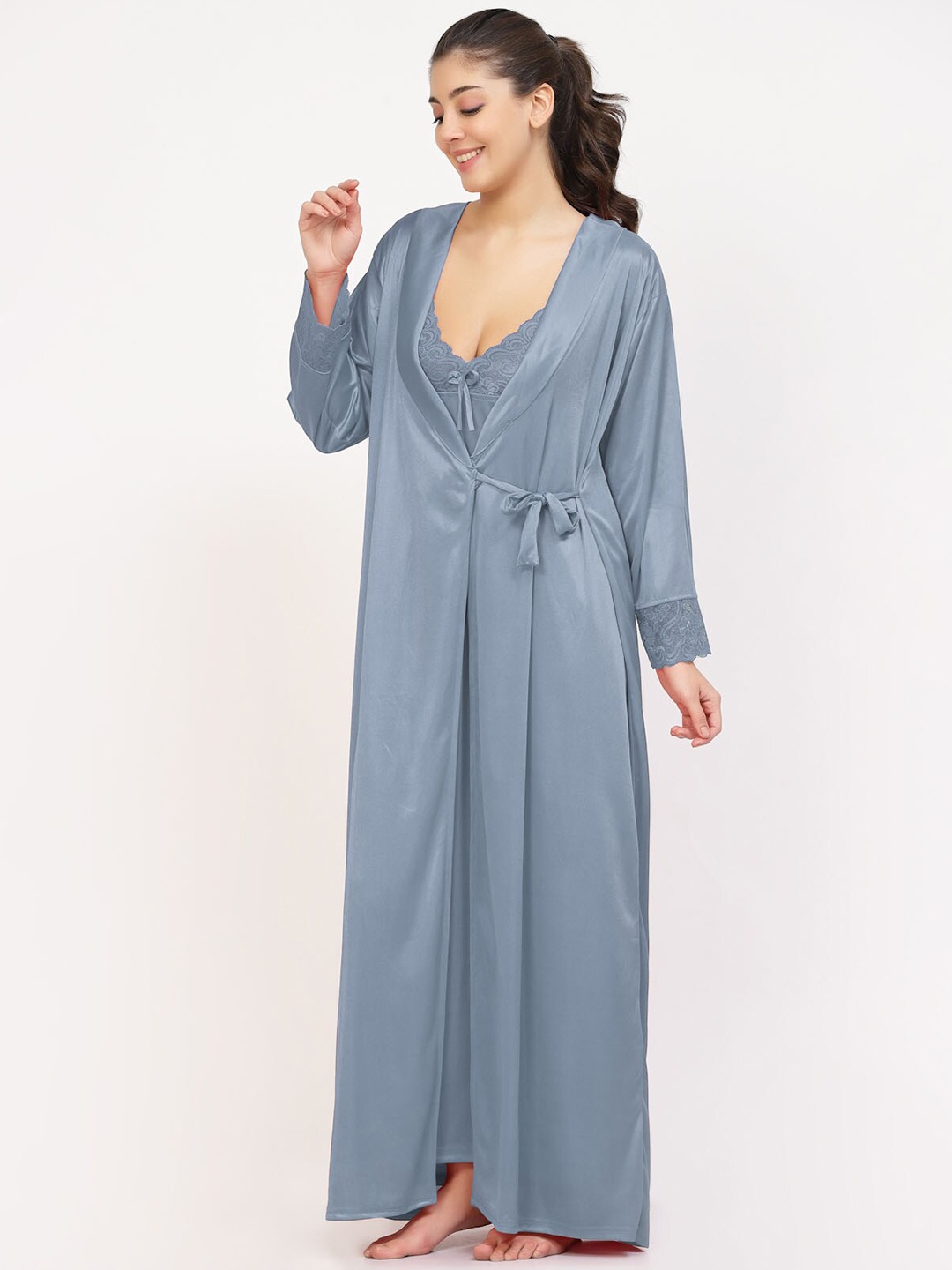 

NIGHT KEYS Pack of 2 Satin Maxi Nightdress with Robe, Grey