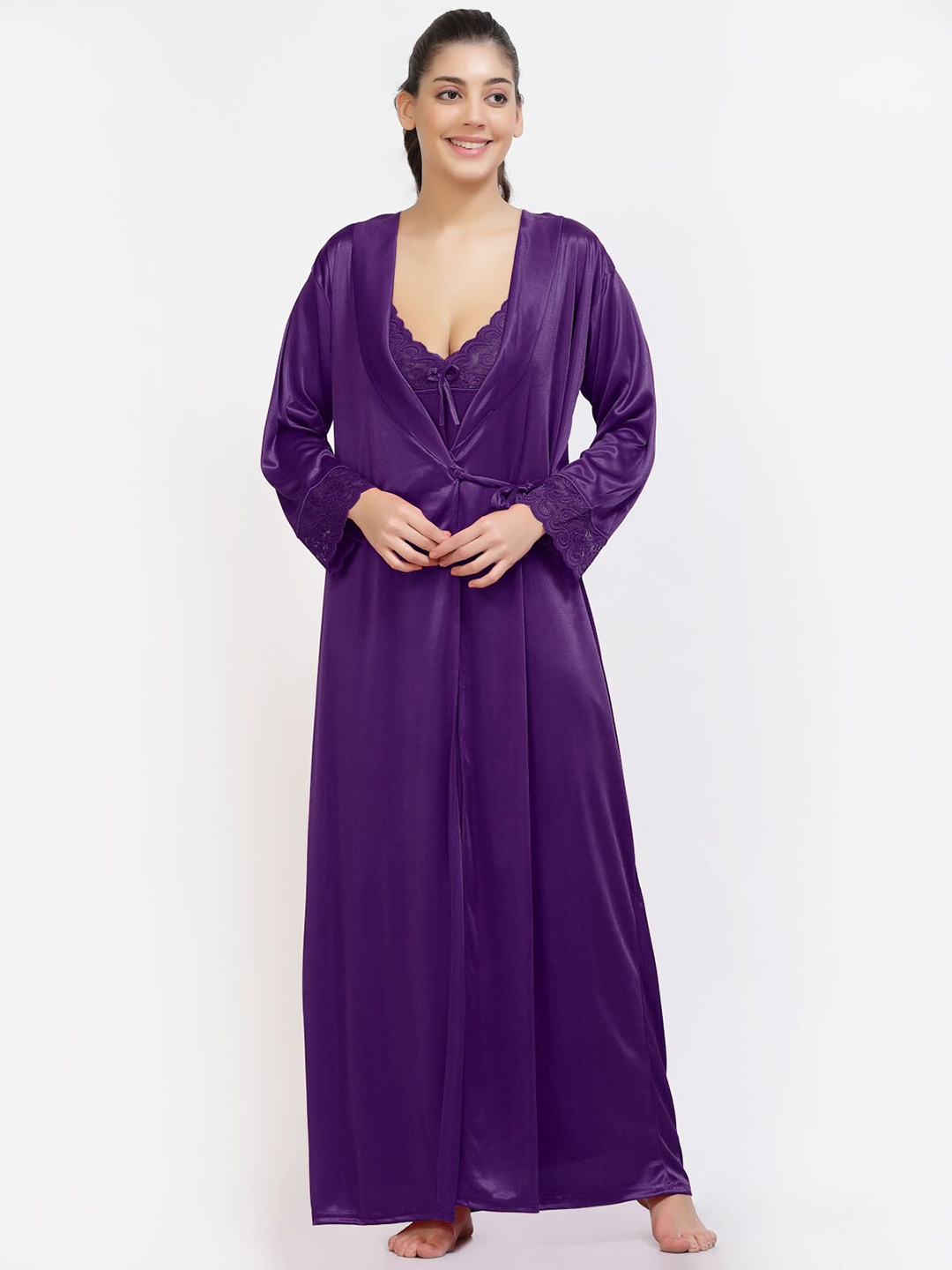 

NIGHT KEYS Pack of 2 Satin Maxi Nightdress with Robe, Purple