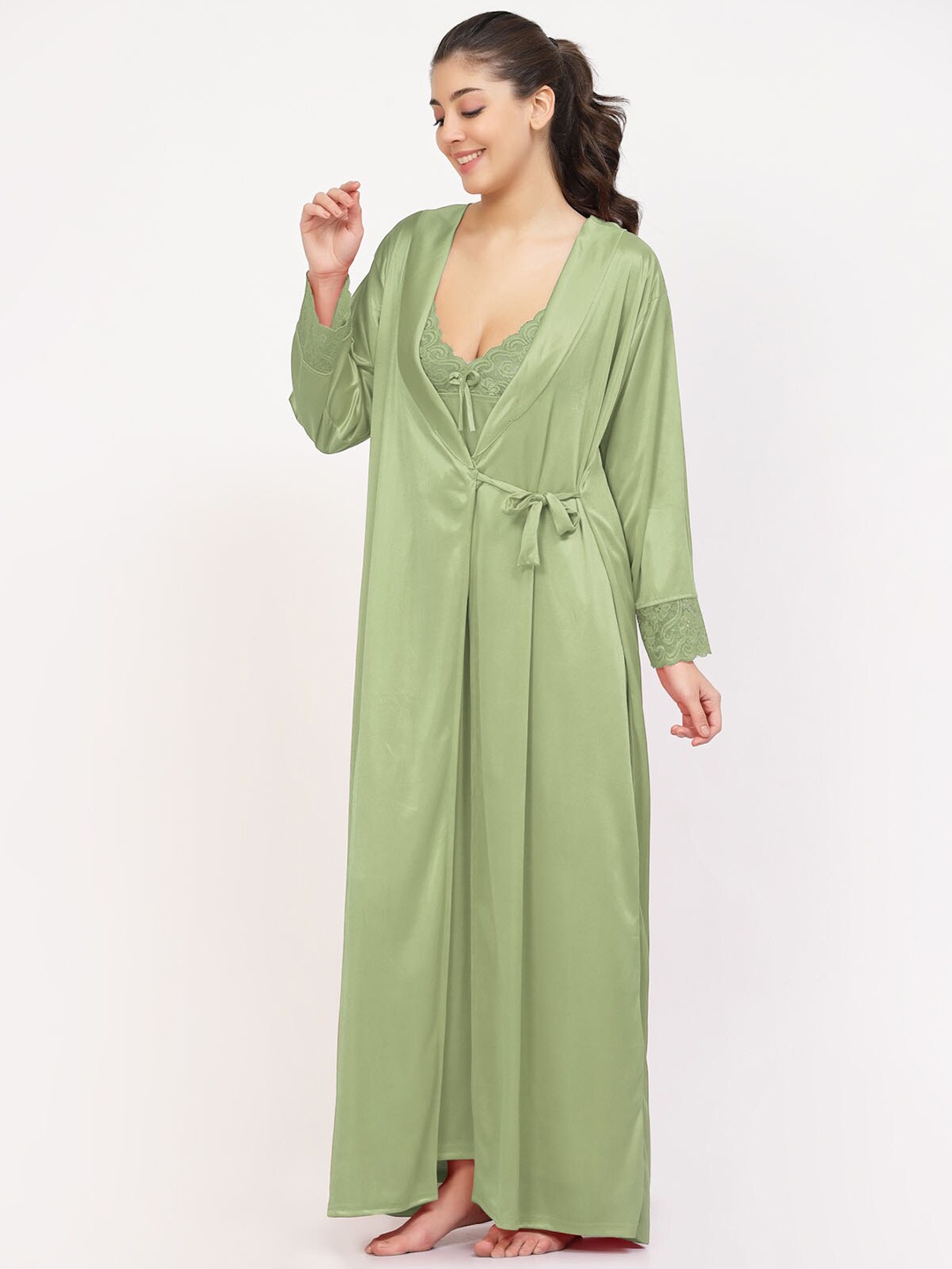 

NIGHT KEYS Pack of 2 Satin Maxi Nightdress with Robe, Lime green