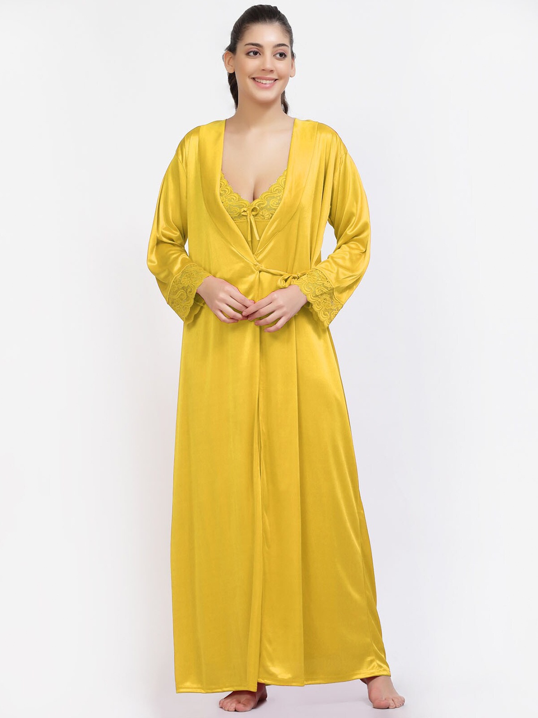 

NIGHT KEYS Pack of 4 Satin Maxi Nightdress with Robe, Yellow