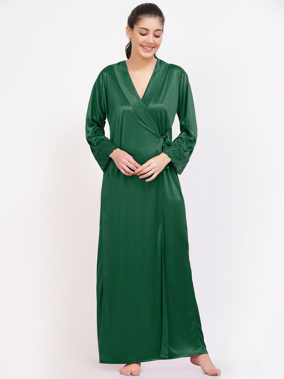

NIGHT KEYS Pack of 4 Satin Maxi Nightdress with Robe, Green
