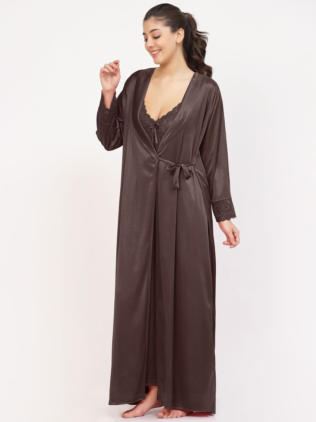 

NIGHT KEYS Pack of 4 Satin Maxi Nightdress with Robe, Brown