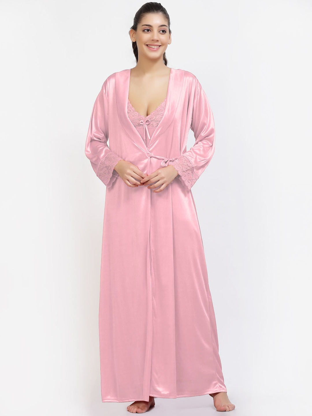 

NIGHT KEYS Pack of 2 Satin Maxi Nightdress with Robe, Pink