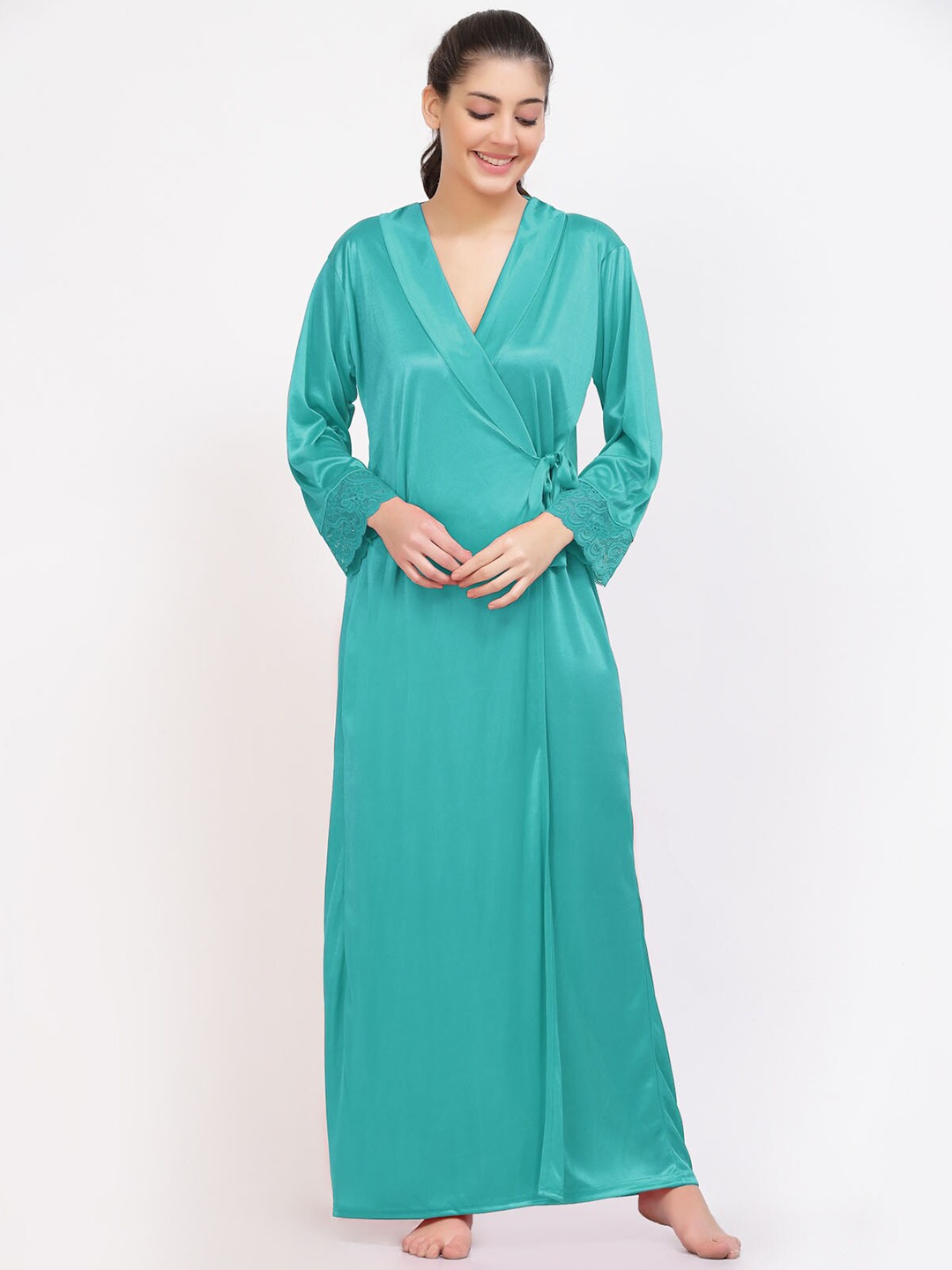 

NIGHT KEYS Pack of 2 Satin Maxi Wrap Nightdress with Robe, Sea green
