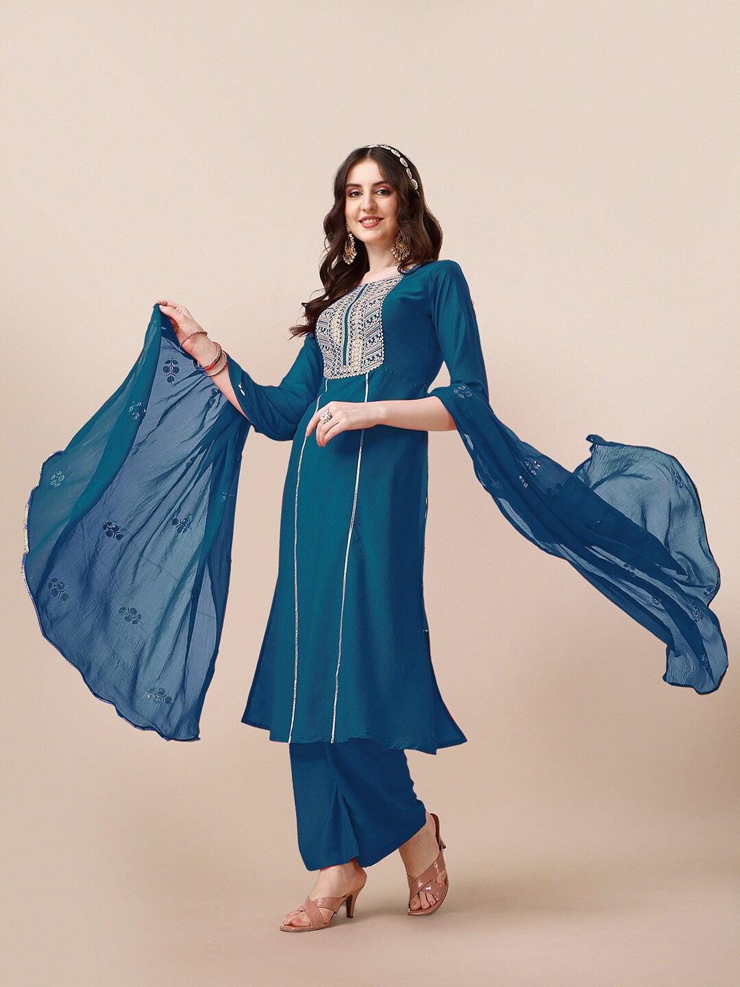 

KALINI Round Neck Embroidered Gotta Patti Straight Kurta with Palazzos & With Dupatta, Teal