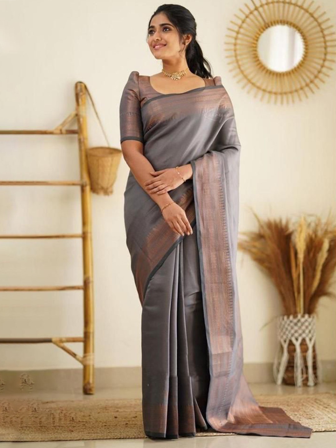 

Marziyaa Woven Design Zari Silk Cotton Banarasi Saree, Grey