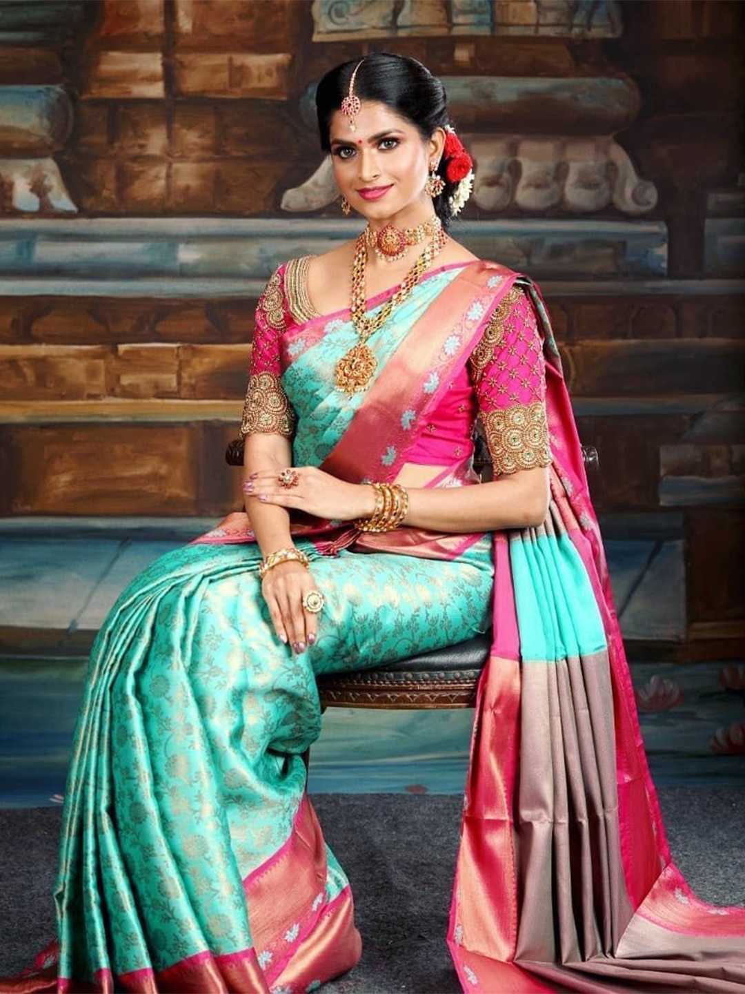 

Marziyaa Floral Woven Design Zari Silk Cotton Banarasi Saree, Blue