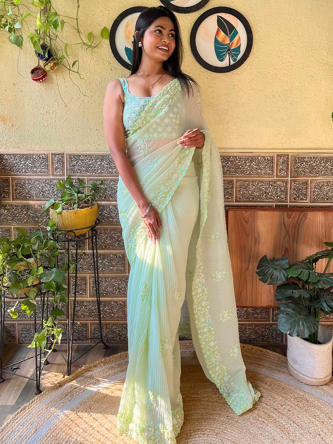 

Mitera Embellished Sequinned Designer Saree, Green