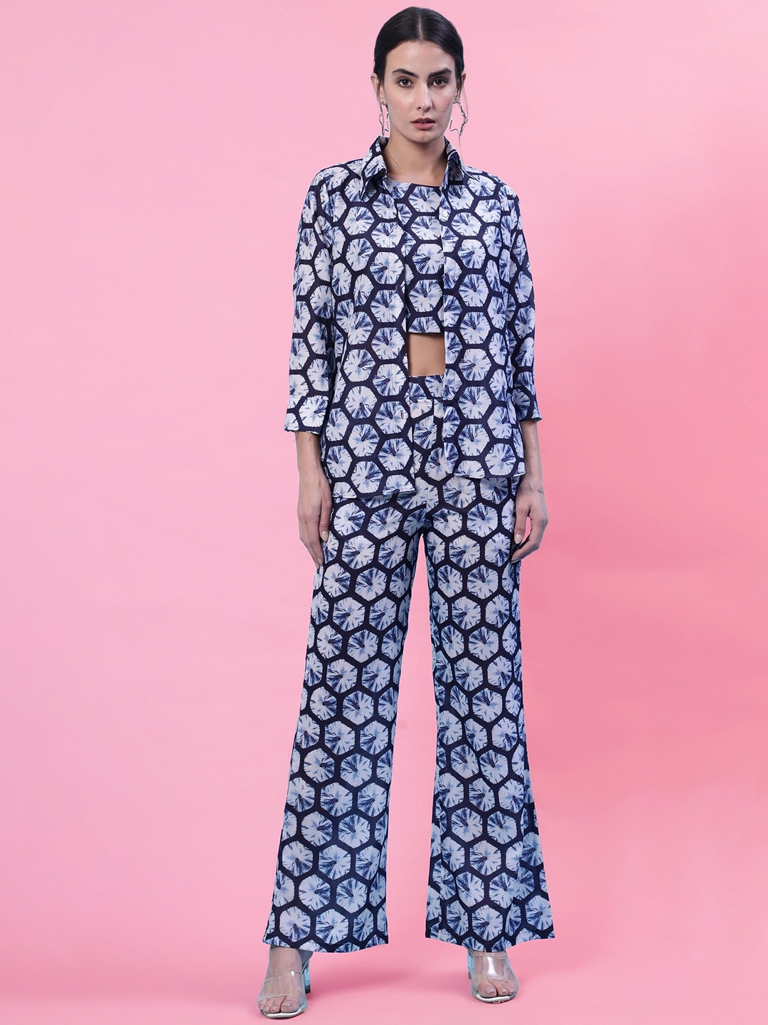 

YOYO Fashion Geometric Printed Top With Trouser & Jacket, Blue