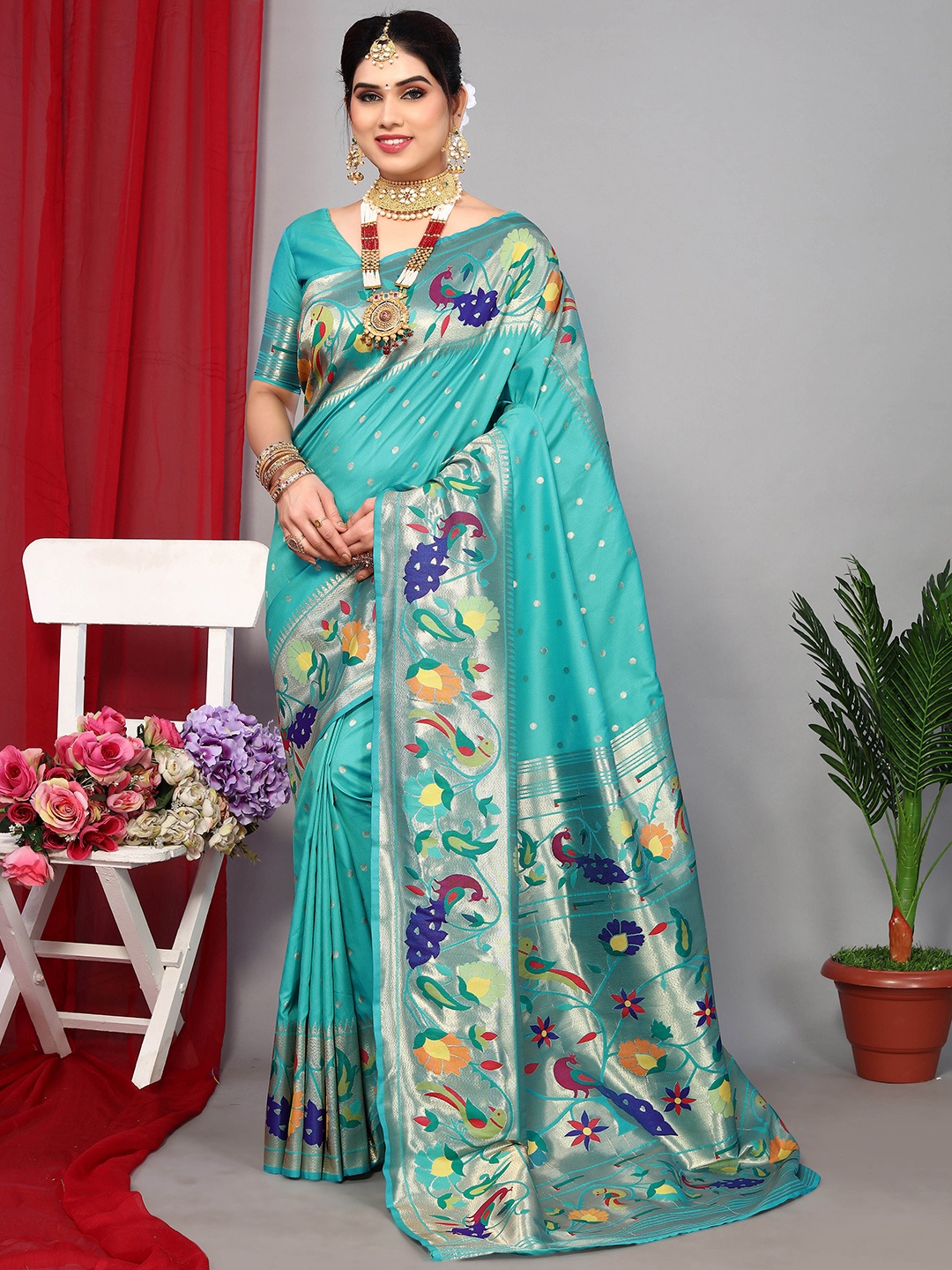 

Divyadham Textiles Floral Woven Design Zari Pure Silk Banarasi Saree, Turquoise blue