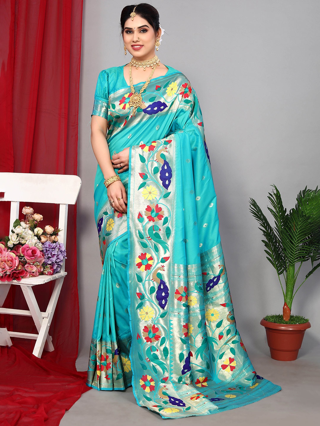

Divyadham Textiles Woven Design Zari Pure Silk Designer Banarasi Saree, Turquoise blue