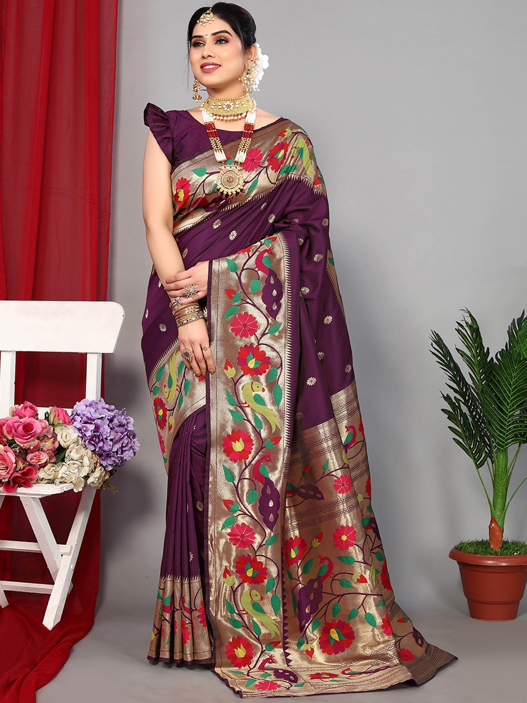 

Divyadham Textiles Floral Woven Design Zari Pure Silk Banarasi Saree, Purple