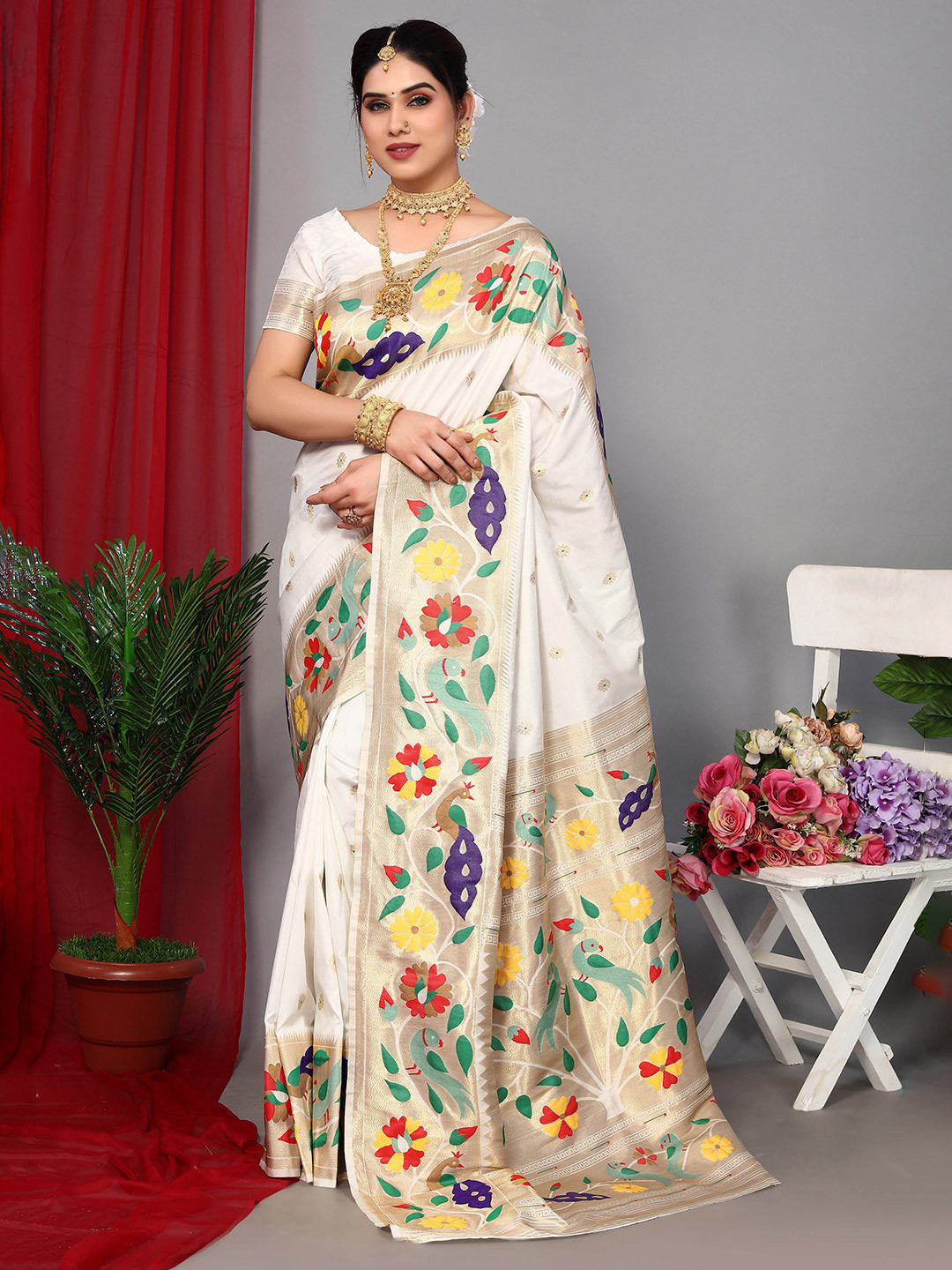 

Divyadham Textiles Woven Design Zari Pure Silk Designer Banarasi Saree, White